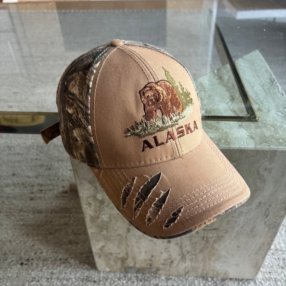 ACE Alaska Baseball Hat Mens OSFM Tan Camo Excellent Distressed Claw Marks